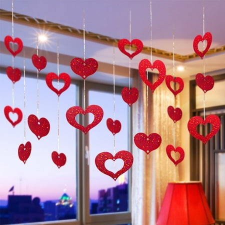 

100Pcs Romantic Wedding Supplies Heart Shape Ceremony Ornament Red Hearts Garland Valentines Day Hanging String Wedding Hang Decoration Laser Sequined Balloon Pendant RED