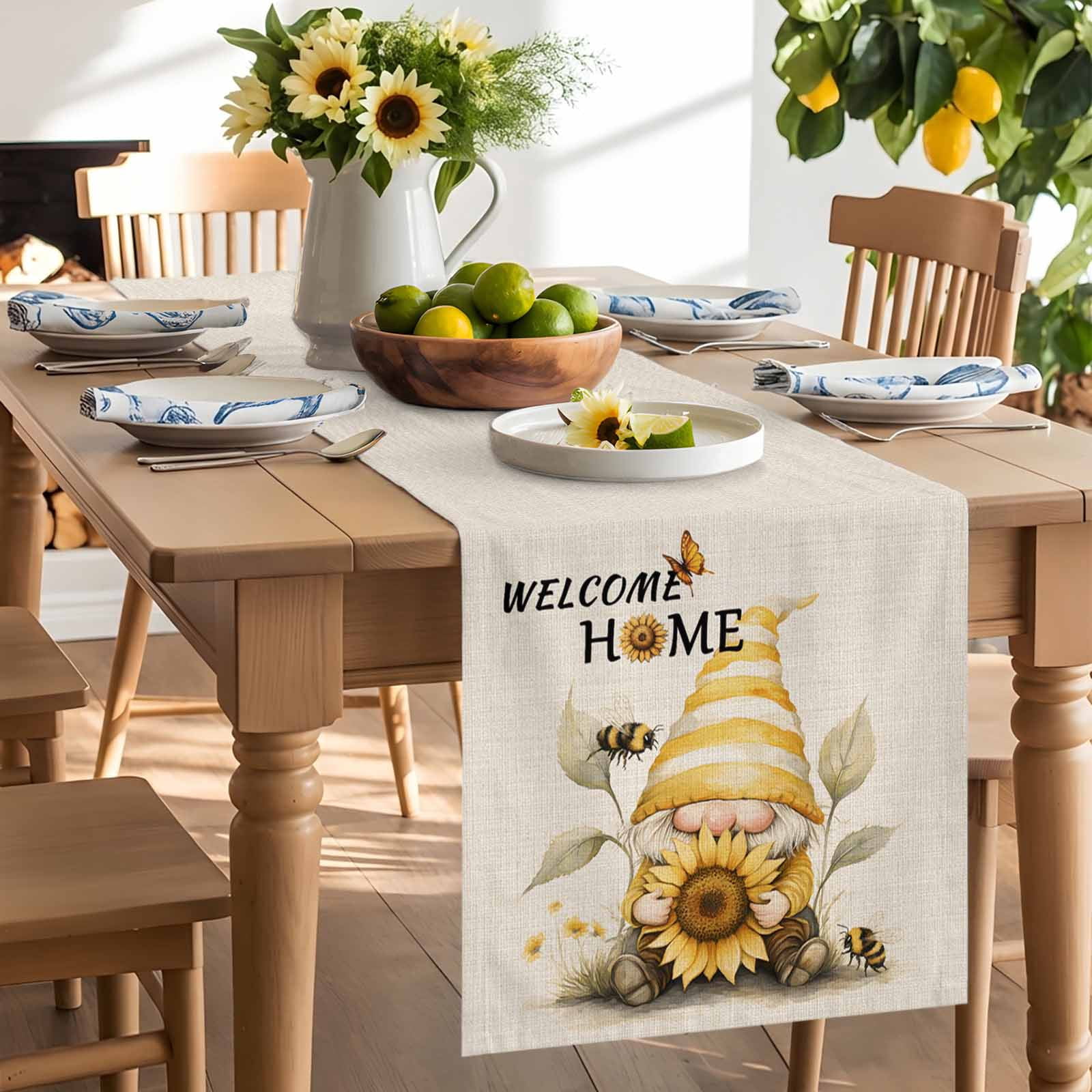 Welcome Home Gnome Table Runner 90 Inches Long, Vintage Sunflower Bee Butterfly Table Runners Tabletop Scarf Kitchen Dining Tables Decoration for Home Party Indoor Outdoor