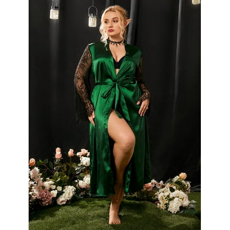 

Women s Plus Contrast Lace Belted Satin Sleep Robe Without Lingerie Set 3XL(18) Green Elegant F22001D