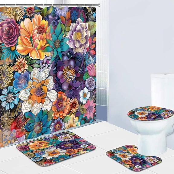 4 Pcs Boho Floral Waffle Textured Shower Curtain Set Bathroom Sets with Waterproof Fabric Shower Curtain and Non-Slip Rugs Toilet Lid Cover Bath Mat Decor with Hooks(72x72 Inch)