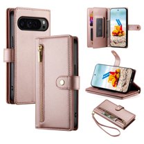 for Google Pixel 9 Pro XL Case with Card Holder, Retro Premium PU Leather Shoulder Wrist Strap Zipper Kickstand Flip Cover Women Girl Wallet Phone Case for Google Pixel 9 Pro XL, Pink