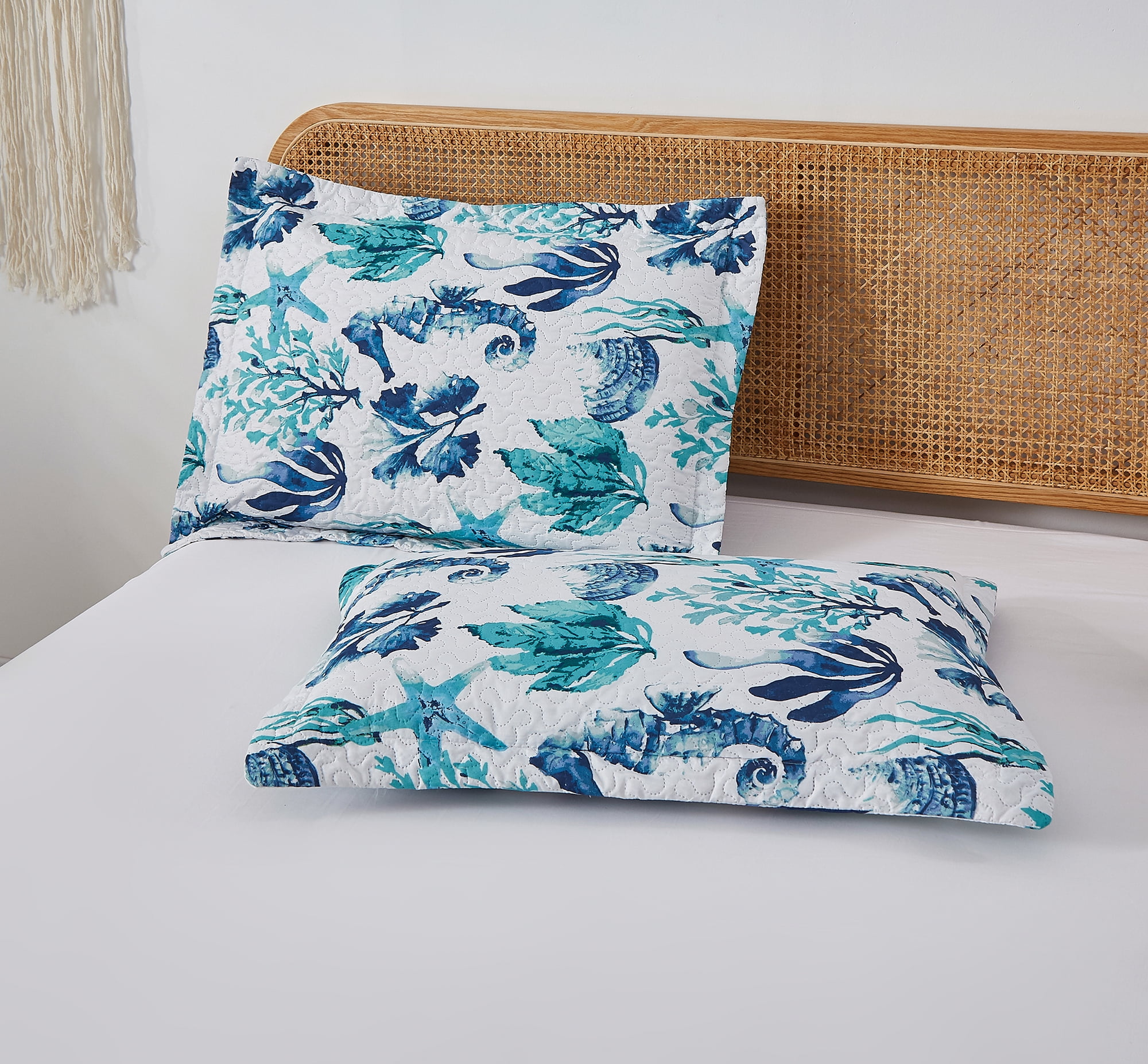 Smuge 3Pcs Twin Size Seashell Bedding,Soft Lightweight Microfiber Bedding Bedspreads Reversible Coverlet, 1 Quilt & 2 Pillow Shams (Blue)