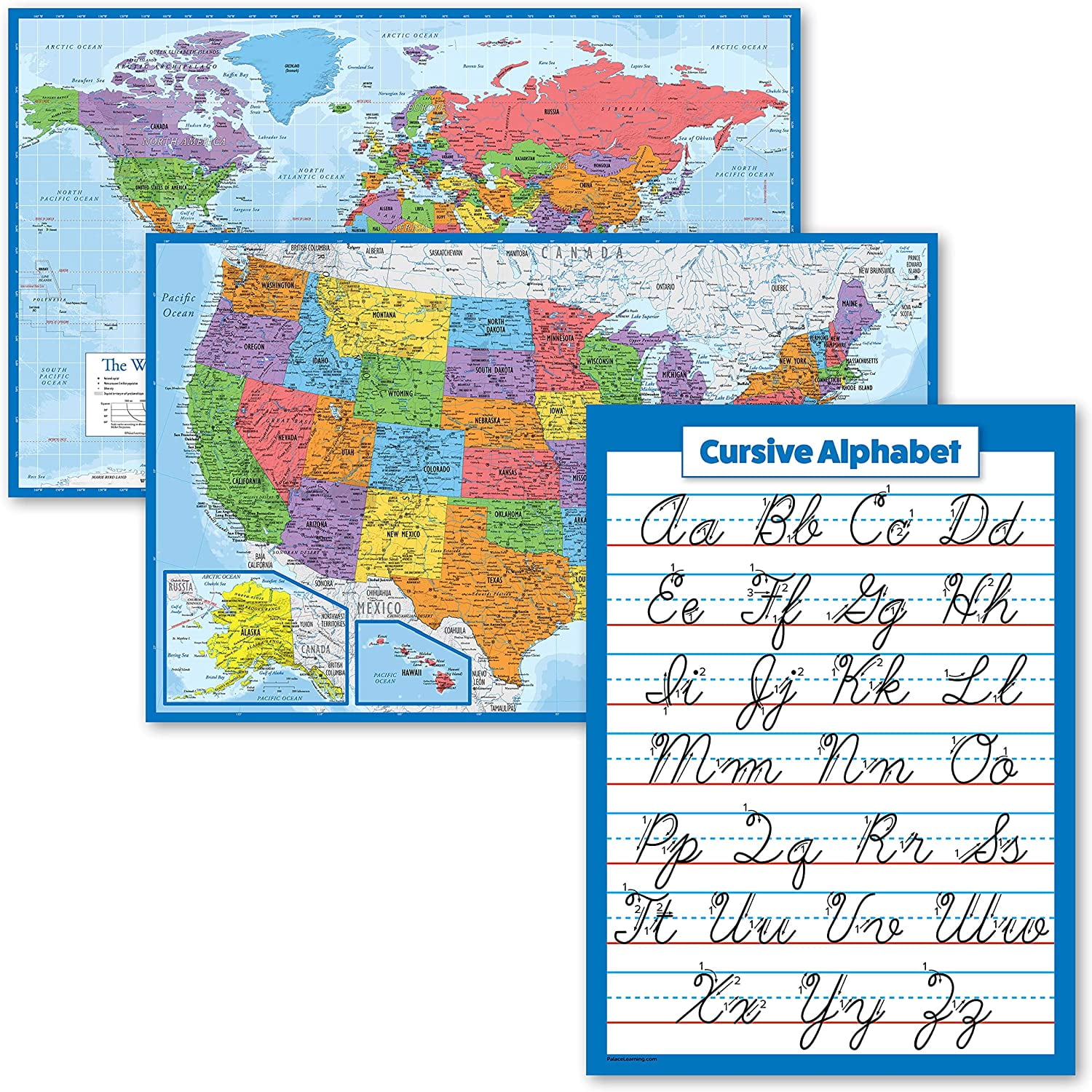 World Map Poster & USA Map Chart Purple 2 Pack Laminated, 18 x 29 