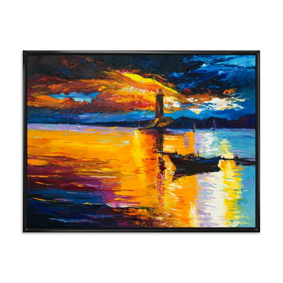 Little Boat By Lighthouse During Evening Glow 20 in x 12 in Framed Painting Canvas Art Print, by Designart