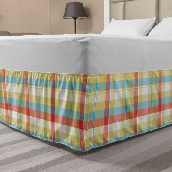Plaid Bed Skirt, Geometric Composition with Squares and Rectangles Colorful Shapes with Diagonal Lines, Elastic Bedskirt Dust Ruffle Wrap Around for Bedding Decor, 4 Sizes, Multicolor, by Ambesonne