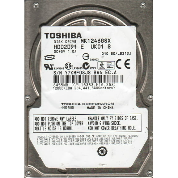 MK1246GSX, B0/LB213J, HDD2D91 E UK01 S, Toshiba 120GB SATA 2.5 Hard Drive
