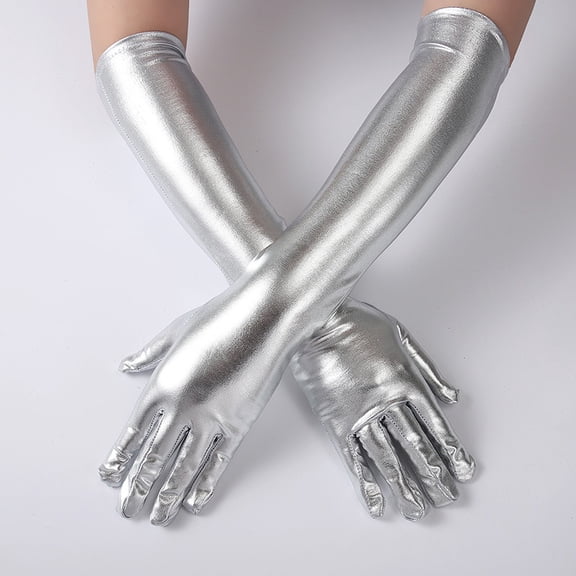 Firefly Hope Women's 17.7" Long Metallic Satin Full-Finger Gloves, Cosplay Formal Vintage Costume Accessory, Silver