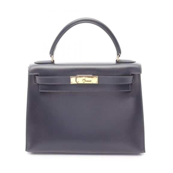 Pre-Owned Hermes Herms Kelly 28 handbag in box calf leather, navy.
