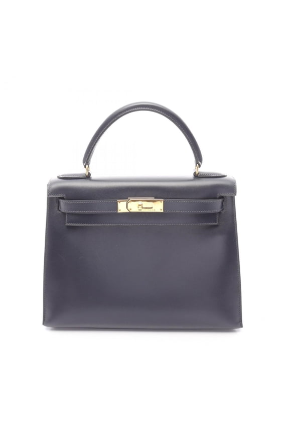 Pre-Owned Hermes Herms Kelly 28 handbag in box calf leather, navy.