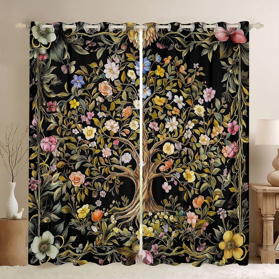 Homewish Vintage Tree Of Life Kitchen Curtains,Romantic Floral Black Out Curtains Pack of 2 (42x63 Each),Black Green