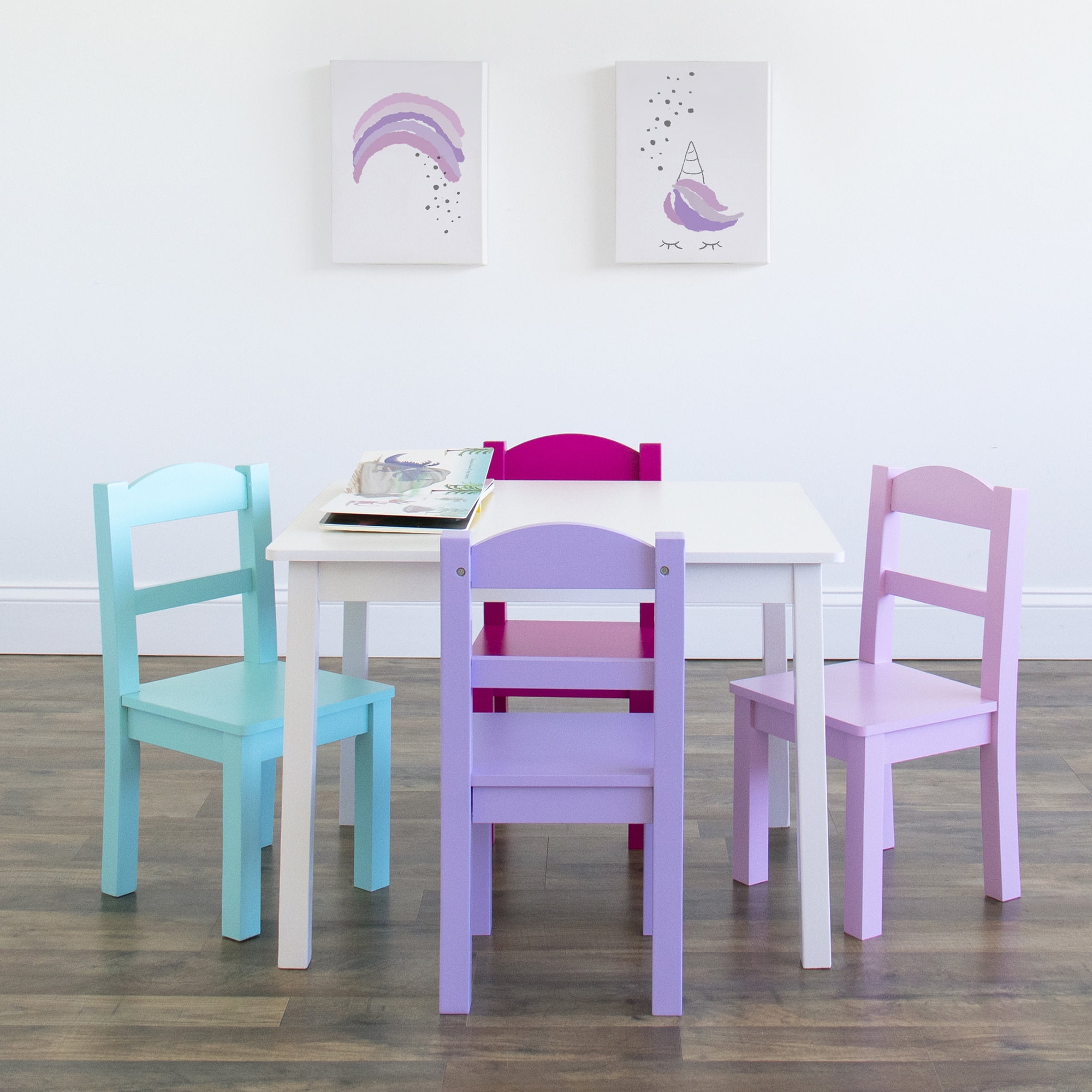 Humble Crew Forever Toddler Wood Table and 4 Chairs Set, White/Pink/Purple/Turquoise