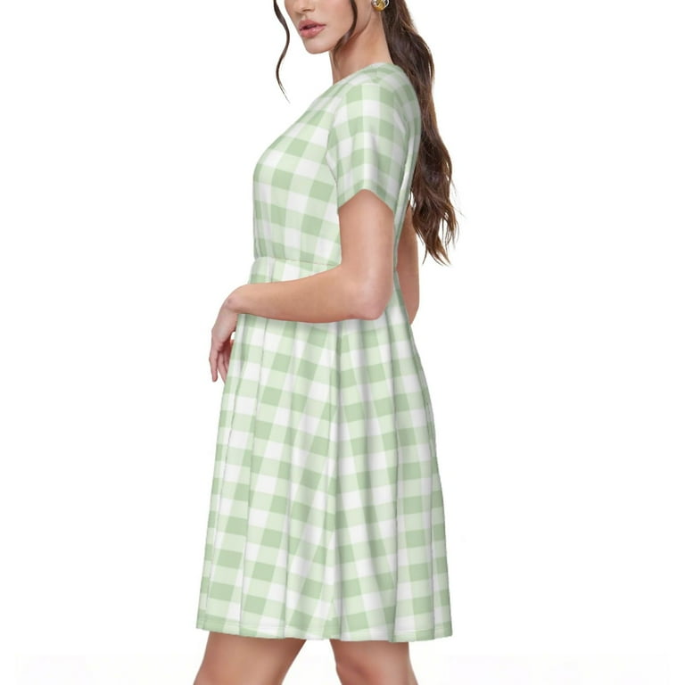 Picia Pistachio Green Checkboard Pattern Women's Short Sleeve Summer Dress  Pleated Loose Swing Knee Length Short Sleeve Swing Dresses - Walmart.com