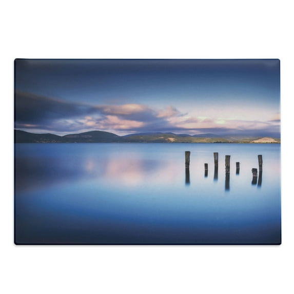 Nature Cutting Board, Wooden Pier Tops Remain in Lake with Sunset Mirror Image out Different Perspectives, Decorative Tempered Glass Cutting and Serving Board, Large Size, Royal Blue, by Ambesonne