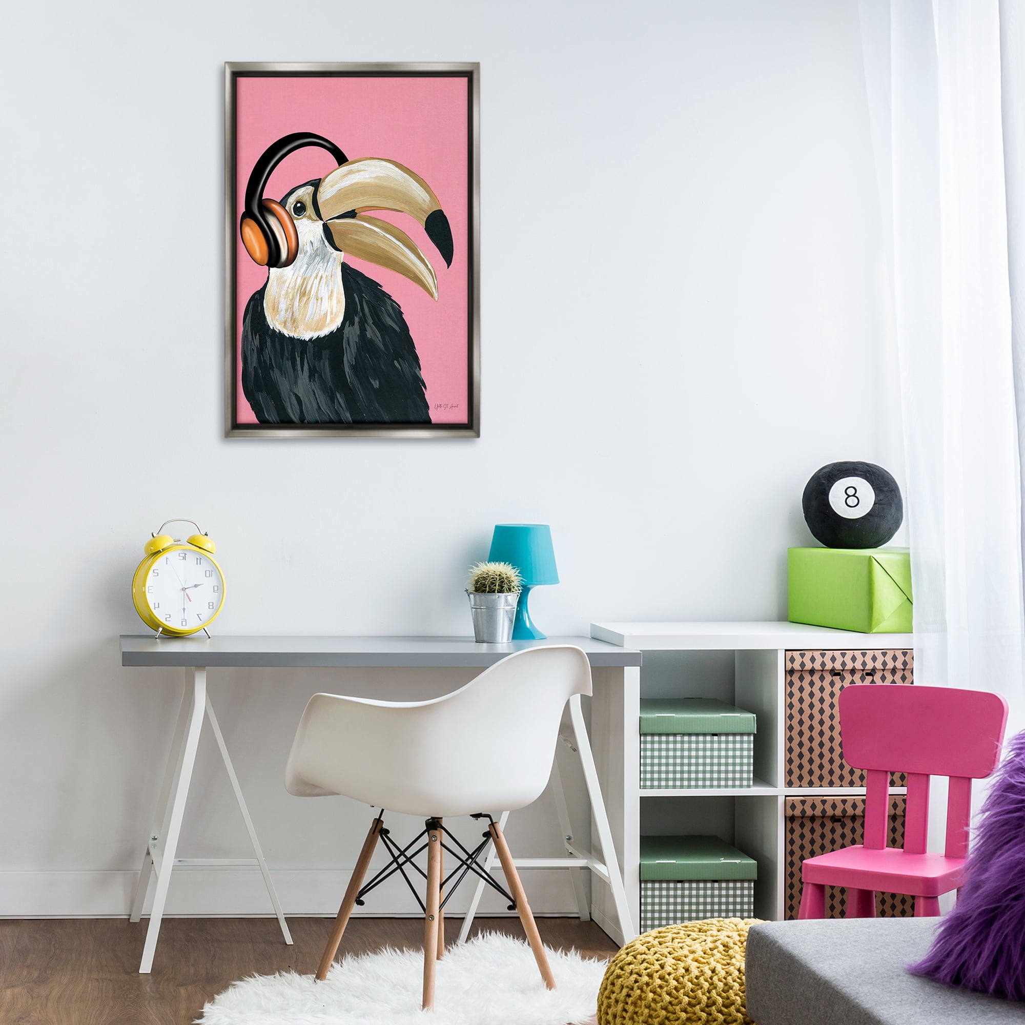 Stupell Industries Toucan & Music Headphones Animals & Insects Painting Gray Floater Framed Art Print Wall Art, 21 x 31