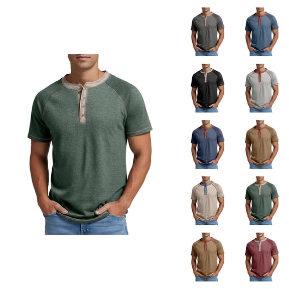 Henley Shirts for Men Summer Raglan Short Sleeve Color Block Casual Loose T-Shirts Lightweight Basic Tees