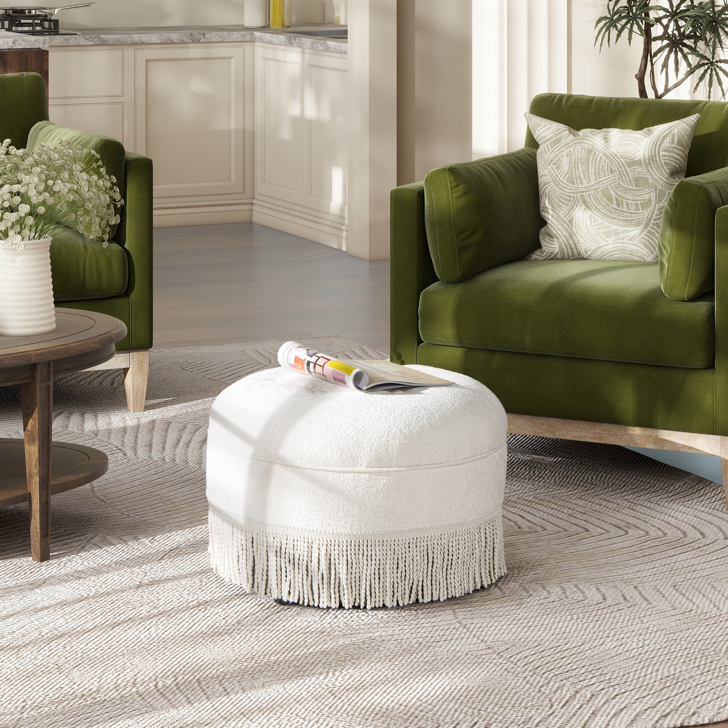 24" Round White Chenille Ottoman with Tassel Fringe, Upholstered Accent Stool for Living Room