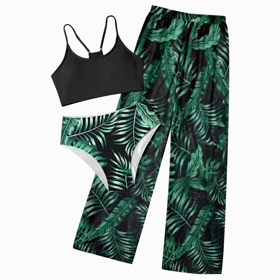 Linfrsh Bathing Suit Girls Girls' 3 Piece Set Floral Print Bikini Swimsuit with Beach Skirt Cute Ruched Bathing Suit(Black,9-10 Years)