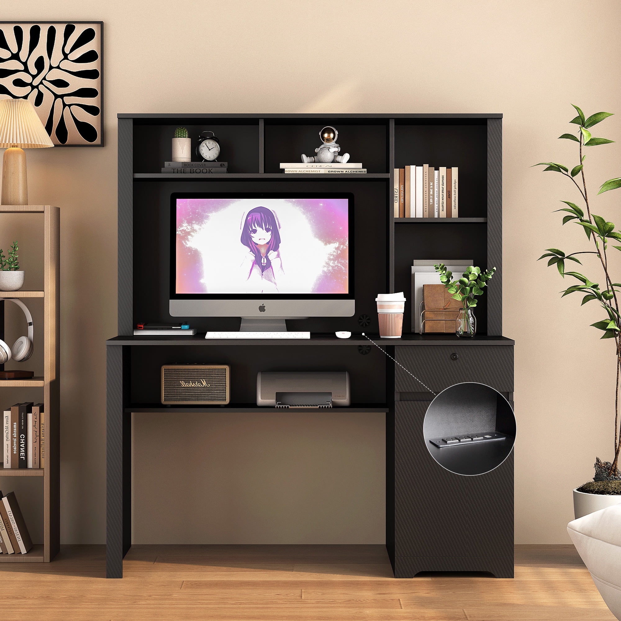 Wood Executive Desk with Hutch Charging Station and Lockable Drawer