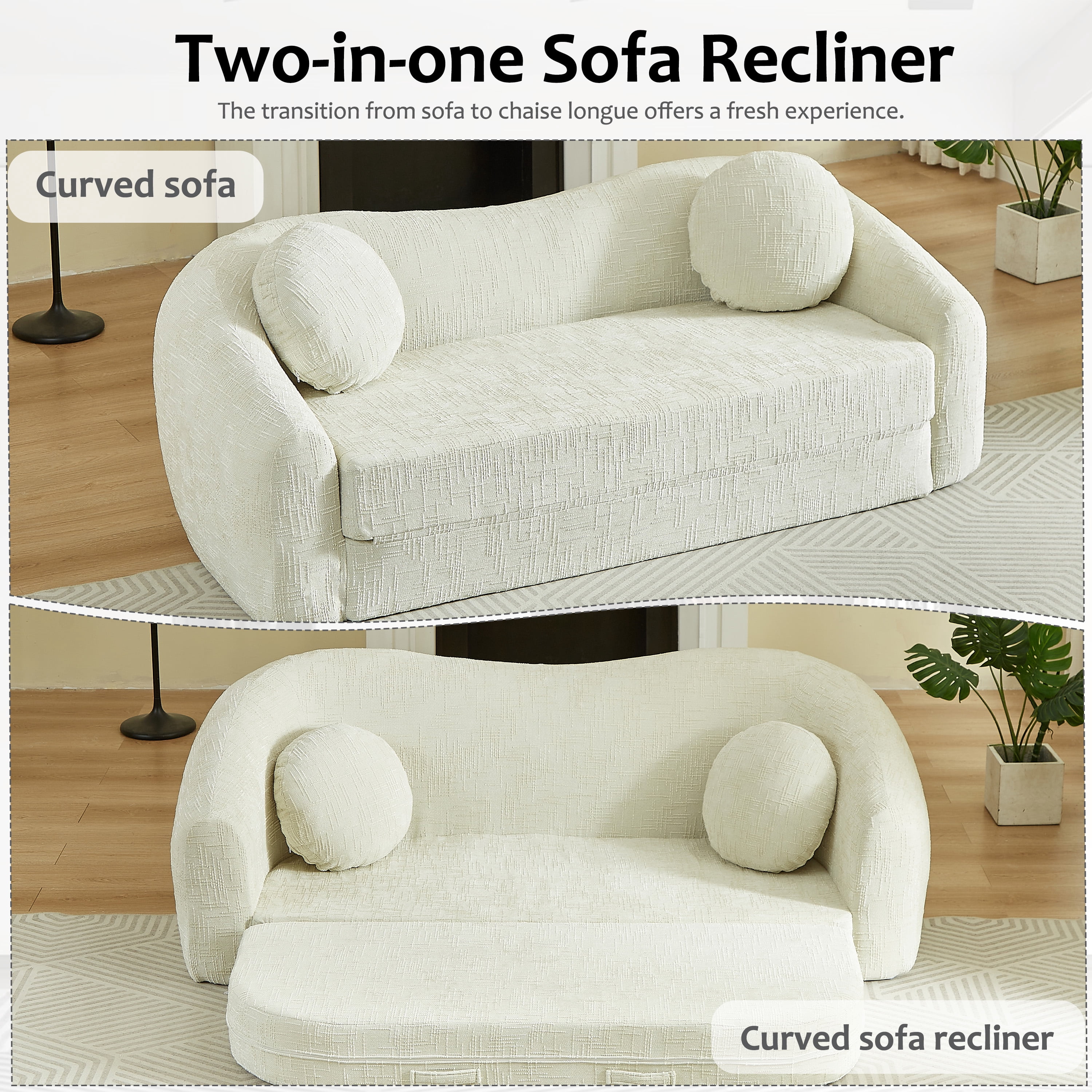 Leumius 87" Convertible Futon Sofa Bed, Corduroy Curved Boneless Couch with High Backrest, 2-in-1 Fold-Out Sleeper Sofa with Pull-out Couch Bed,Beige-Round Pillow