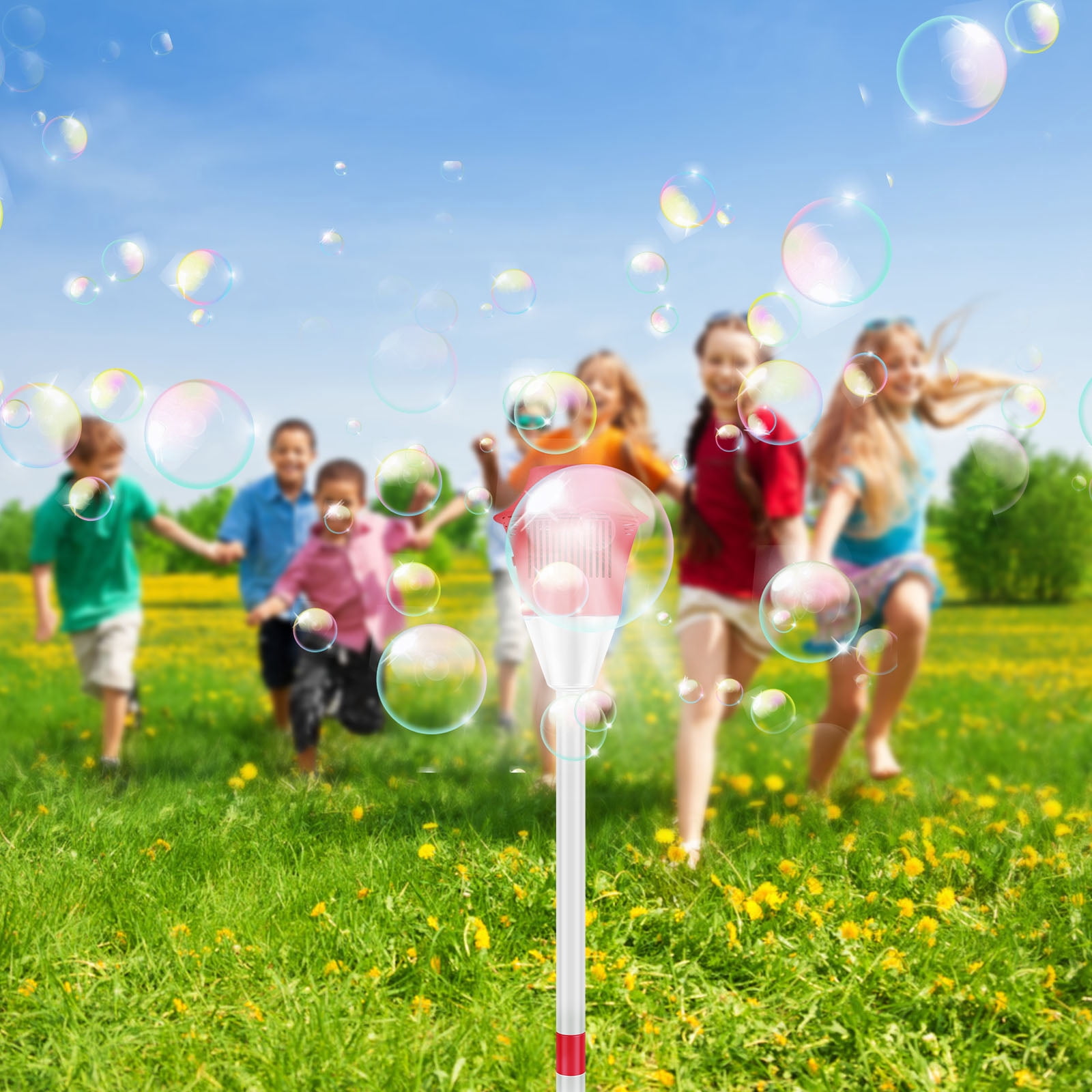 Tcwhniev Bubble Machine with Lights and Music Flexible Bubble Blower Adjustable Vertical Bubble Machine Portable Bubble Maker for Outdoor Birthday Party Wedding