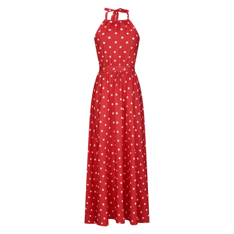 Summer Deals SMihono Women's Halter Neck Pleated Polka Dot Print Maxi Dress  Sleeveless Round-Neck Dress Red 10 - Walmart.com