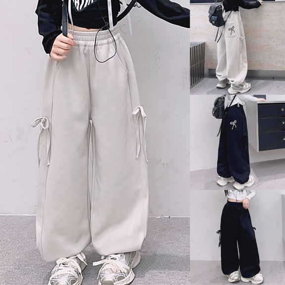 Pandaie Girls Bow Tie Wide Leg Sweat Pants Elastic High Waist Loose Fit Soft Fabric for Daily Casual Outfits Black,5-6 Years