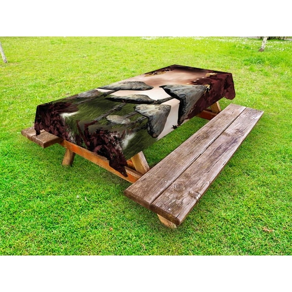 Fantasy Outdoor Tablecloth, Enchanted Fairytale Forest Scenery with Mushrooms and Fairies Magical Dark Image, Decorative Washable Fabric Picnic Tablecloth, 58 X 120 Inches, Maroon Grey, by Ambesonne