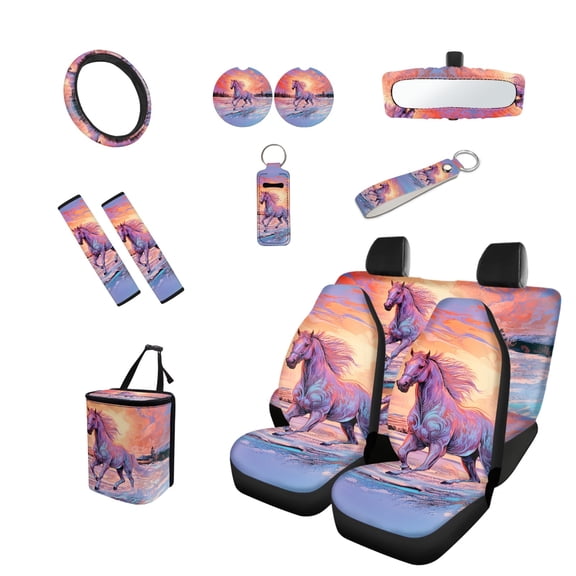 Jeiento Western Running Horse Car Seat Covers Full Set Car Steering Wheel Accessories Car Seat Belt Cover Rear View Mirror Cover Car Trash Bin Car Coasters Wristlet Keychain Chapstick Holder 13 Pack