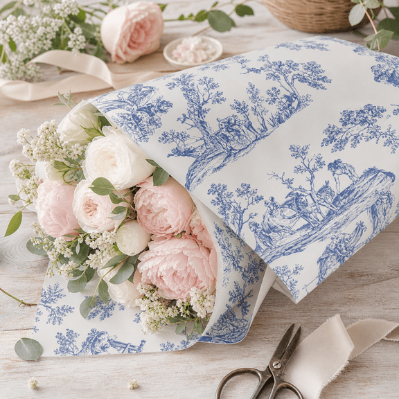 50 Sheets Blue and White Toile Tissue Paper, 20x14 Inch Vintage Gift Tissue Sheets for Wedding, Baby Shower & Party Favors, Elegant Chinoiserie Bouquet Wrapping & DIY Craft Paper