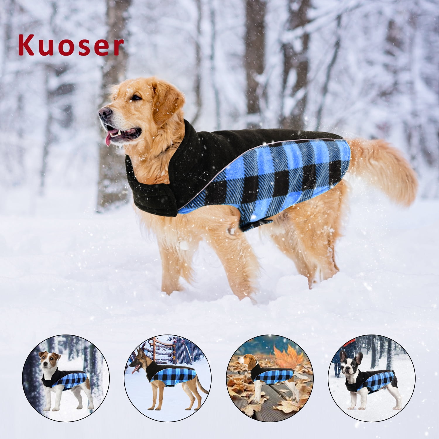 Kuoser Reversible Dog Winter Coat, Reflective Waterproof Dog Jacket, Cotton Lined Vest Windproof Outdoor for Small Medium and Large Dogs