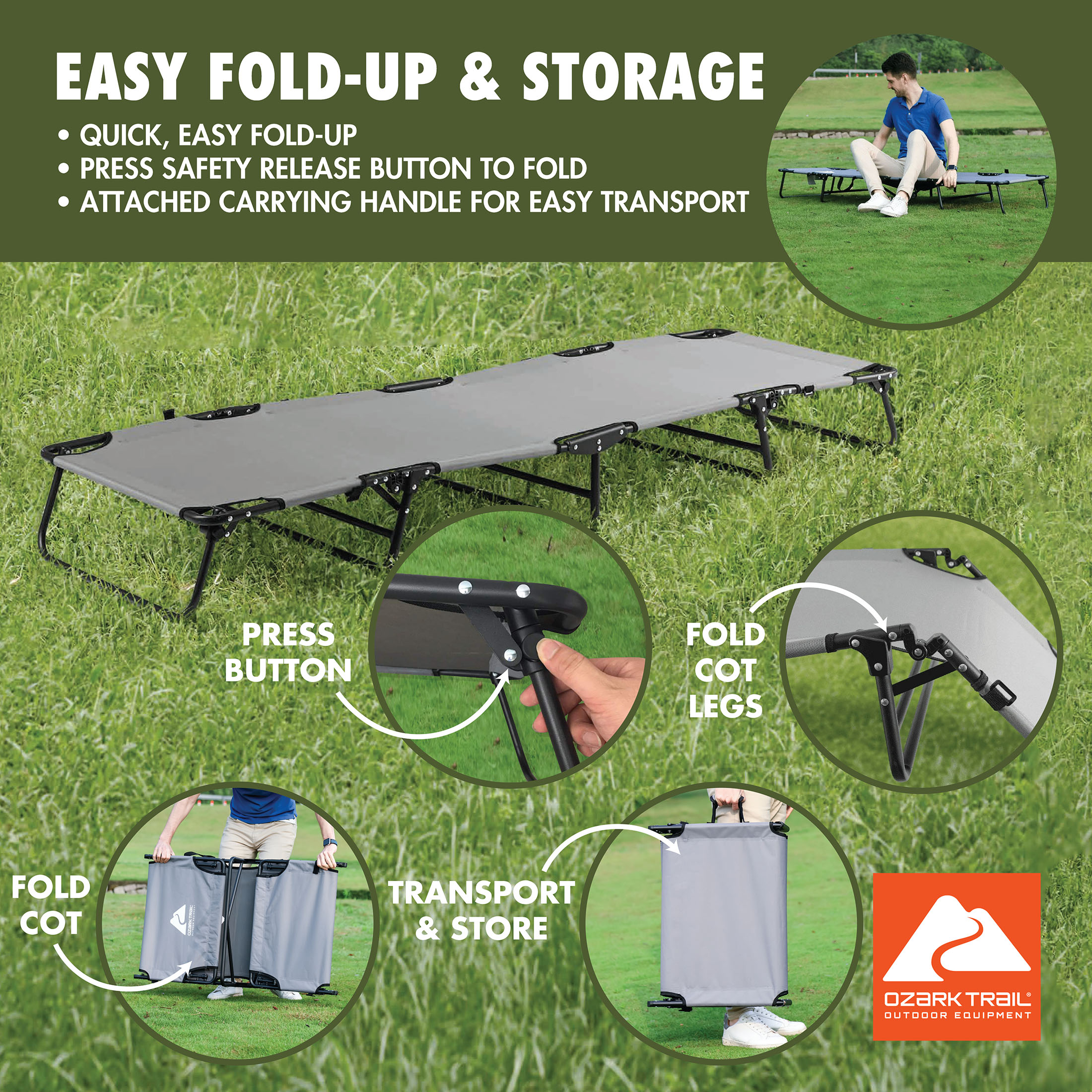 Ozark Trail Folding Camping Cot for Adults, Gray photo 5