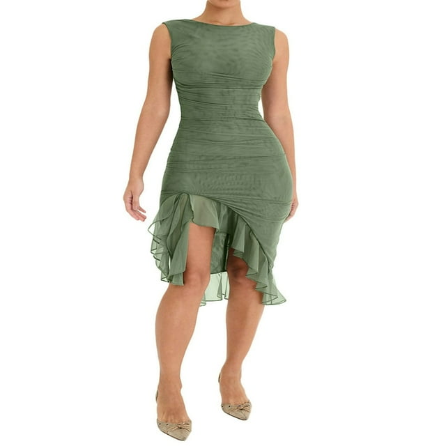 Women Y2K Tank Dress Sleeveless Backless Split Dress Irregular Mesh Ruffle Trim Midi Club Dress