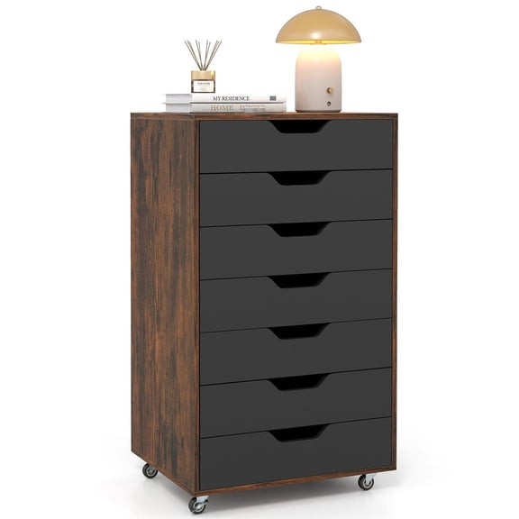 Spaco 7-Drawer Wooden Storage Chest - Dual Anti-Tip Lockable Wheels (2 Brake-Equipped), Smooth Metal Sliding Rails, Rustic Brown
