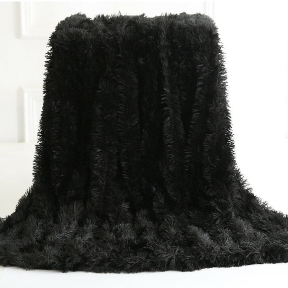 ANMINY Faux Fur Blanket Soft Warm Reversible Fluffy Plush Throw 63" x 51" Shaggy Blanket for Bed Sofa Couch Black