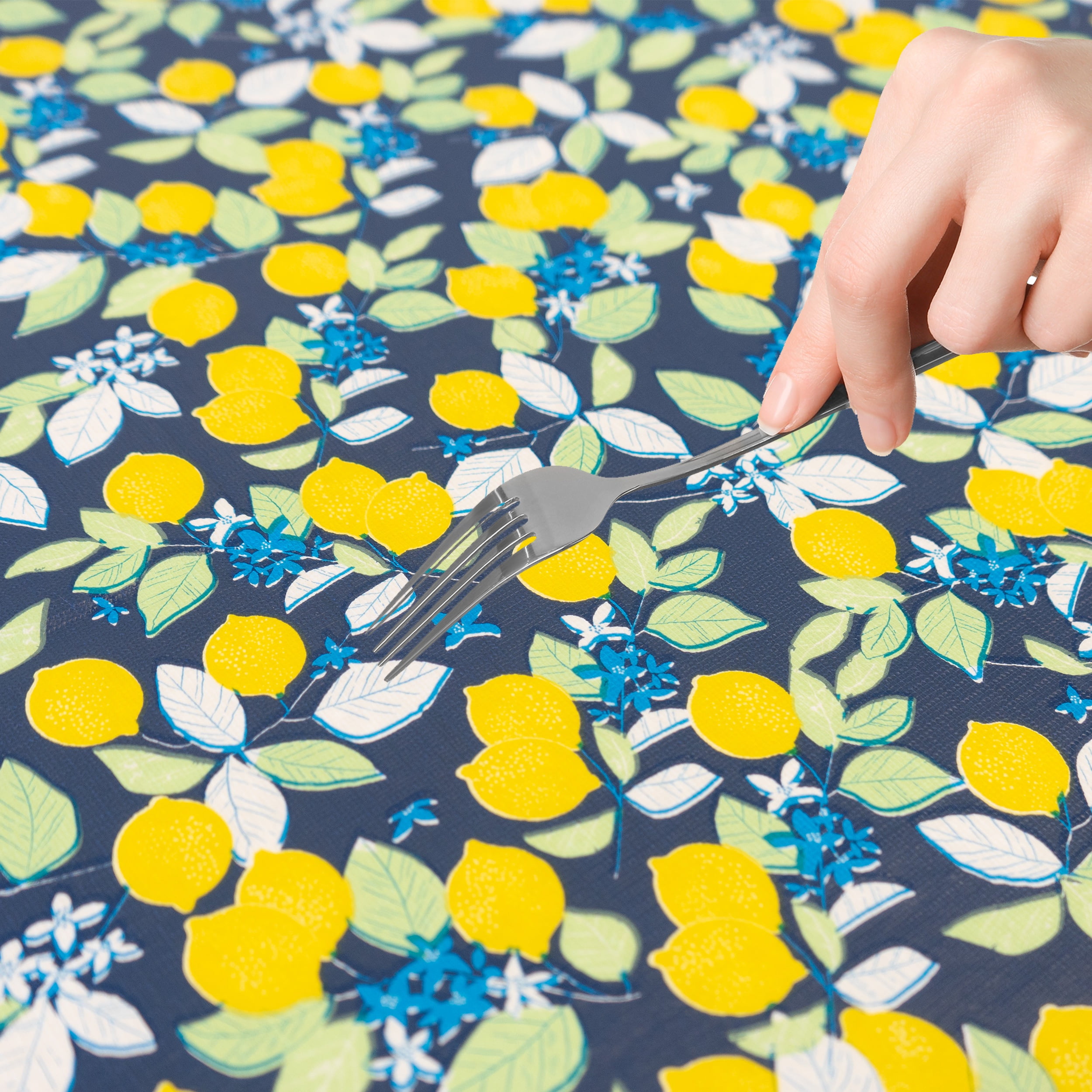 Waverly Inspirations Rectangular Elastic Fitted Table Cover Waterproof Vinyl Tablecloth With Flannel Backing, 6Ft Table, 72" x 30", Lemon Tree, 2 PK
