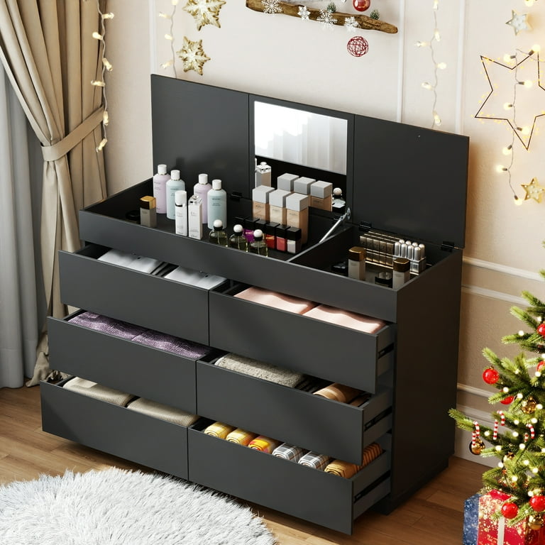 Ktaxon 6 Drawer Double Dresser with Mirrow Wood Dresser Storage Cabinet Drawer Organizer Chest of Drawers, Black