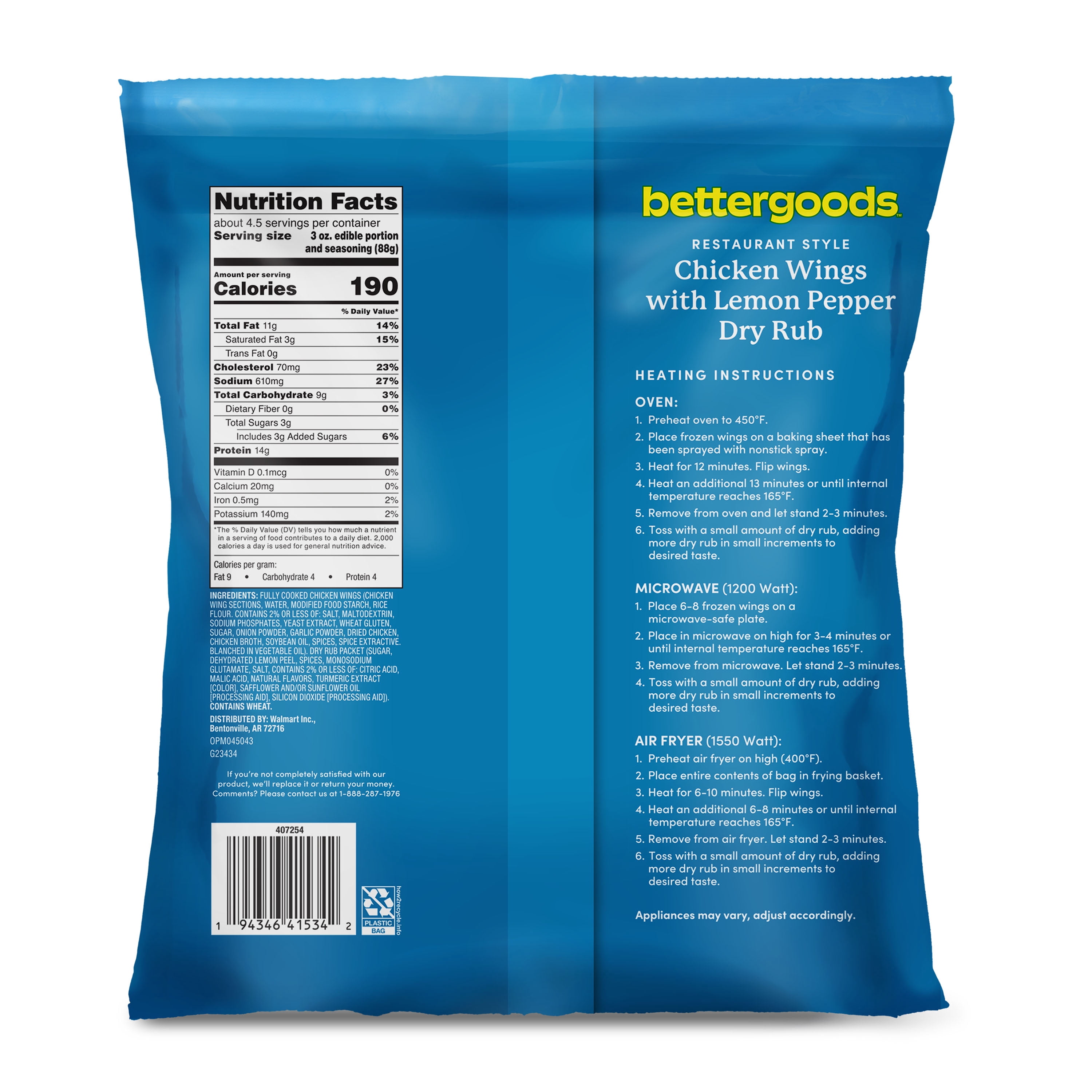 bettergoods Restaurant Style Chicken Wings with Lemon Pepper Dry Rub, 22 oz (Frozen)