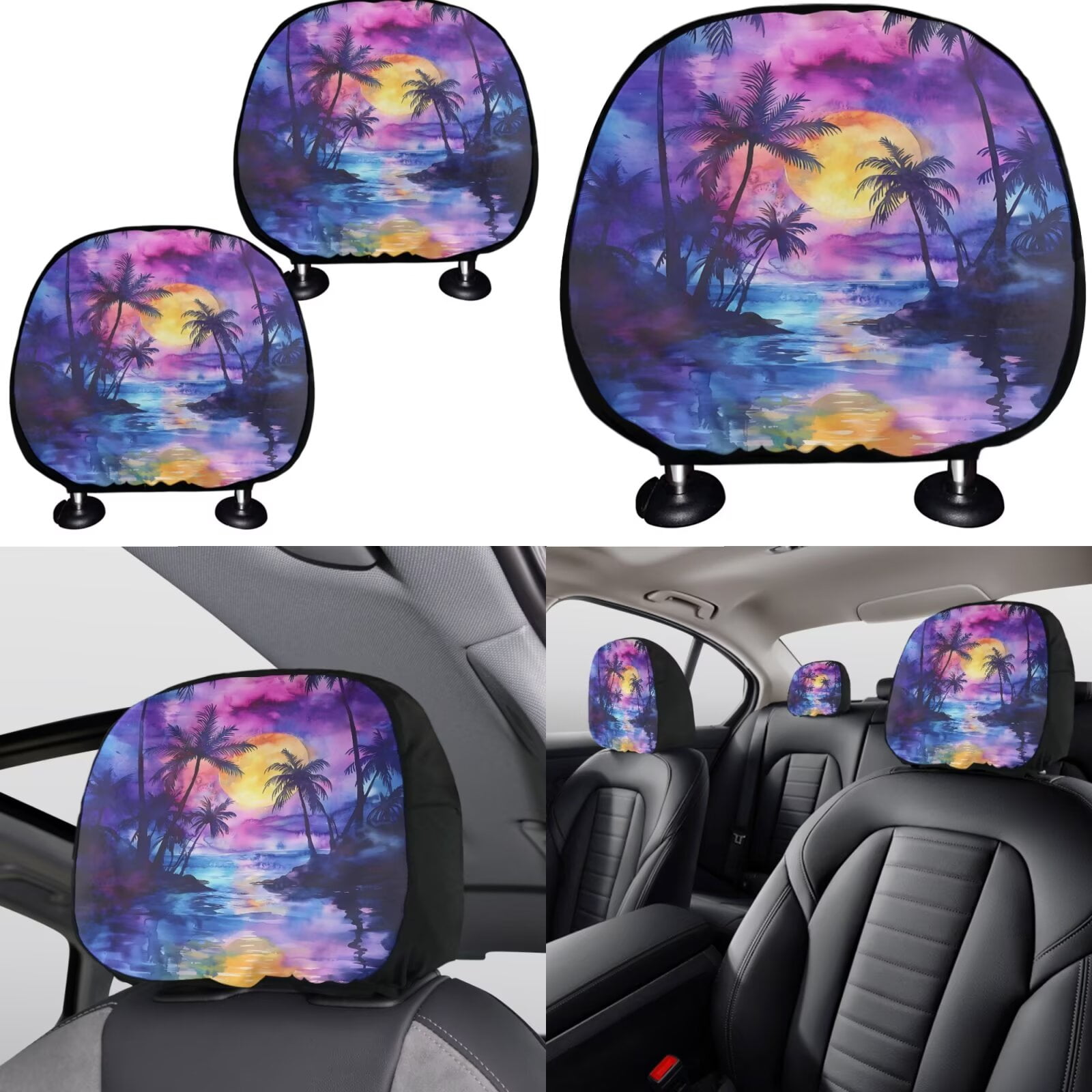 Garronmavis Sunset Palm Tree Car Seat Covers Full Set Adjustable Flexible with Cars Headrest Protectors+Lanyards Key Ring+Auto Cup Coaster+Handbrake Gear+Shift Knob Cover Universal Design