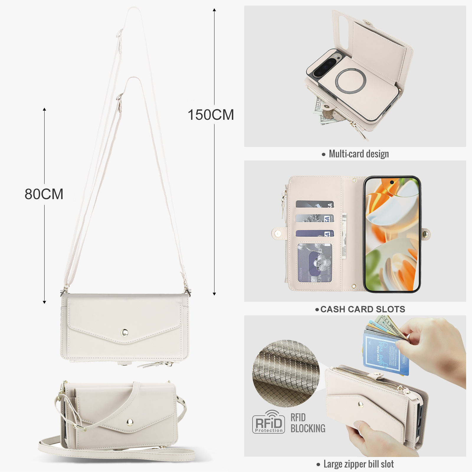 Designed for Google Pixel 9A Multi-Function Wallet Phone Case,With Shoulder Strap&Wrist Strap,Cash Pocket&Card Slots,Zipper Purse,Magnetic Detachable PU Leather Flip Phone Case,White
