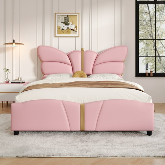 Queen Size Upholstered PU Leather Bed Frame, with Butterfly Shaped Headboard and Footboard, Platform Bed Frame with Gold Metal decorations, No Box Spring Needed, Light Pink