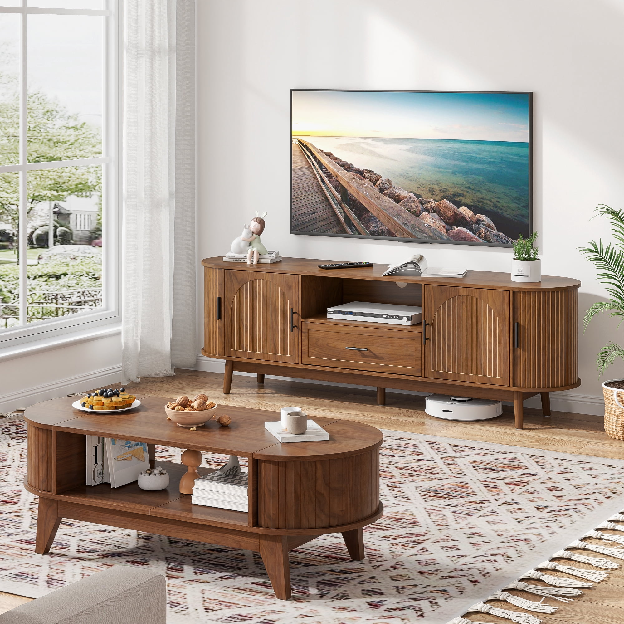 70" TV Stand for Tvs up to 80", Mid Century Modern Fluted Entertainment Center with Drawer and Fluted Doors, Media Console for Living Room Bedroom, Walnut