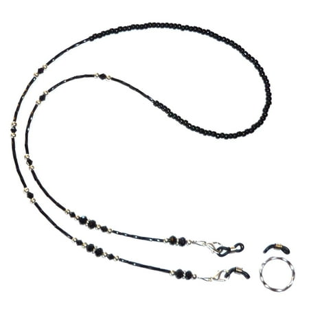 Hidden Hollow Beads Black Crystal Beaded Eyeglass holder, comes with a ring and extra rubber loops.