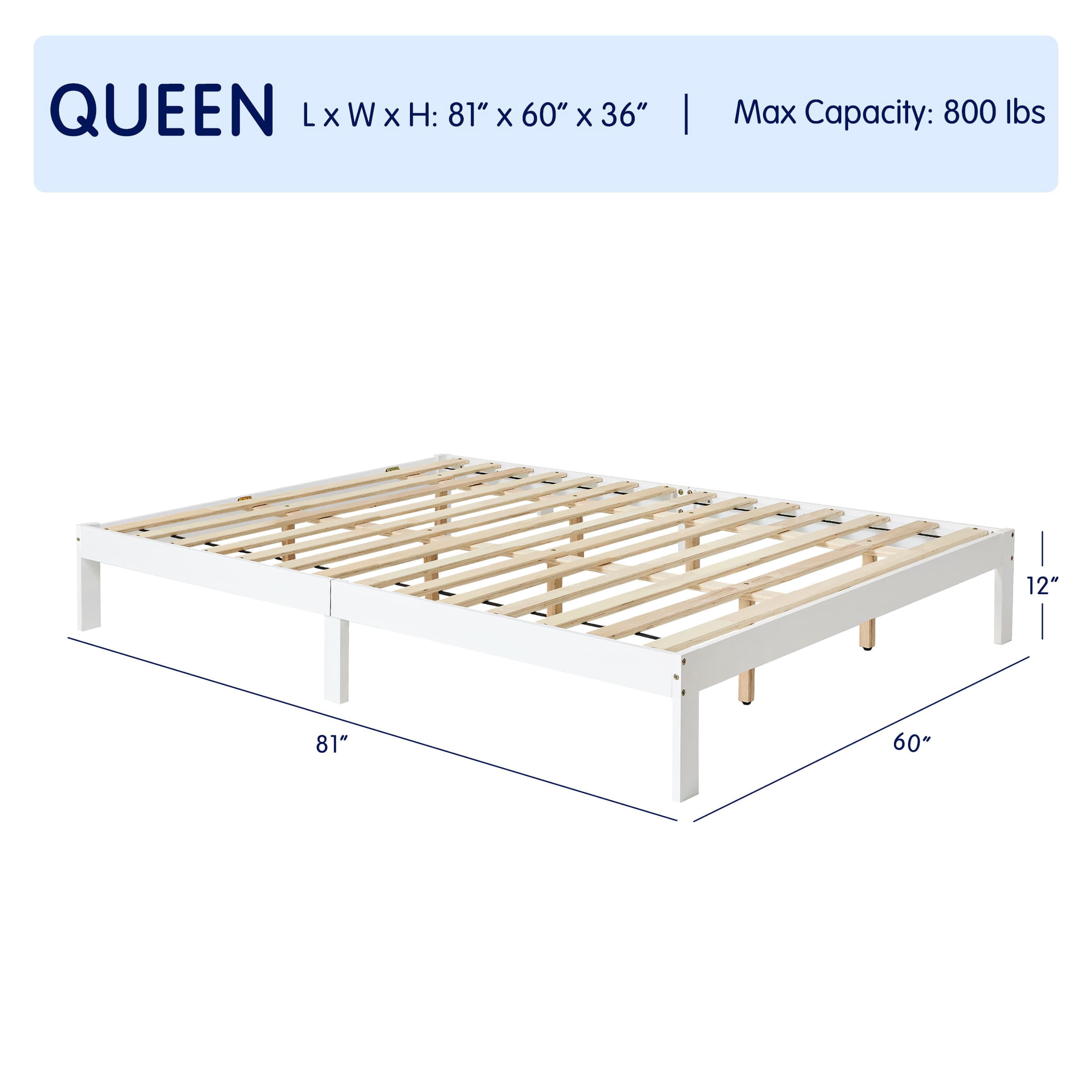 Subrtex 12" Solid Wood Platform Bed Frame with Wooden Slats, White, Queen