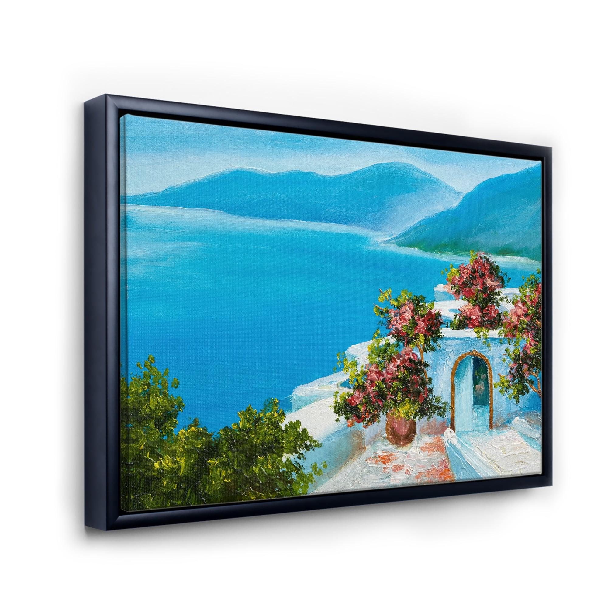 Designart 'House With Colorful Flowers Near The Sea I' Nautical & Coastal Framed Canvas Wall Art Print