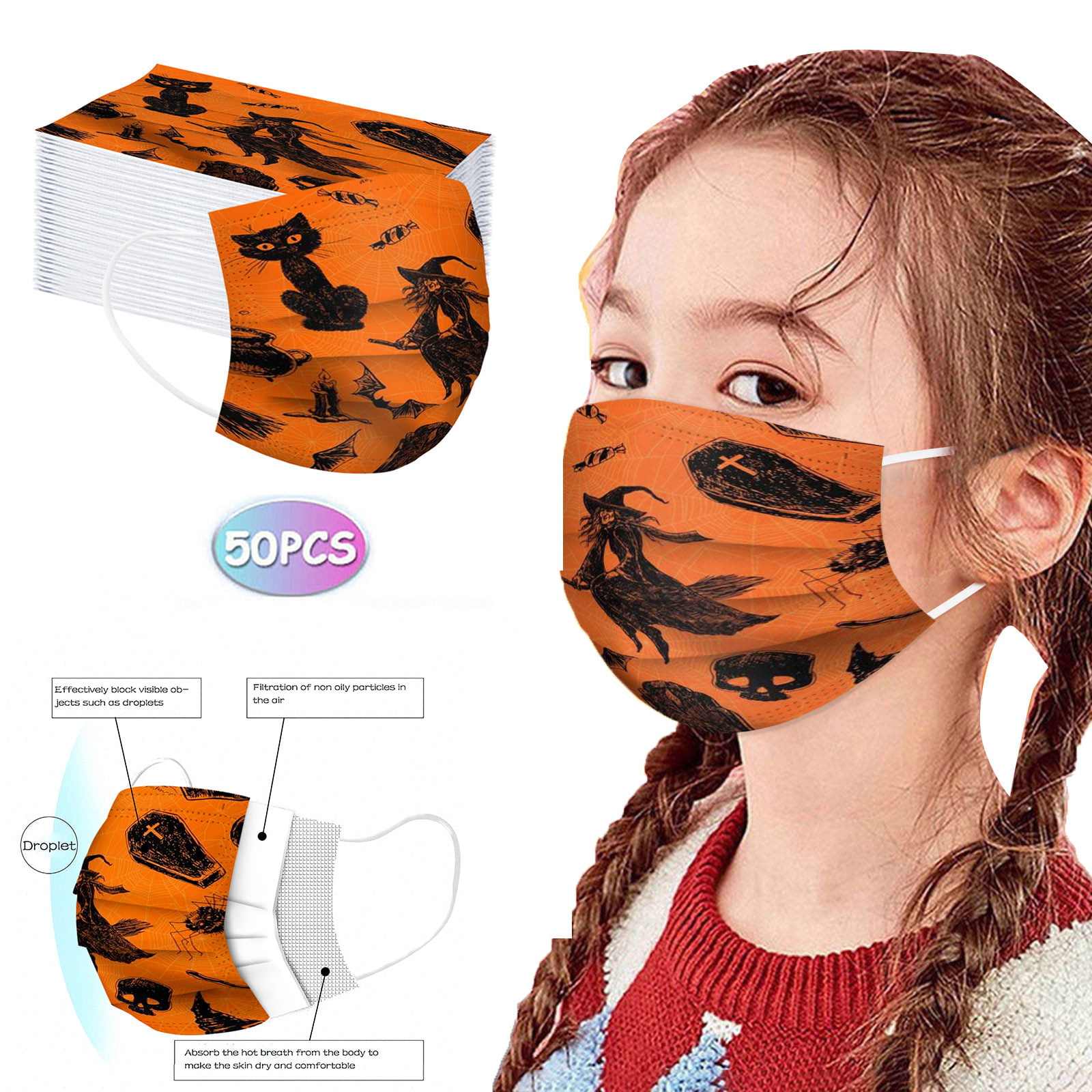 50 Pcs Kids Disposable Face_Masks,Printed Facemasks for Children Back to School Outdoor Halloween 