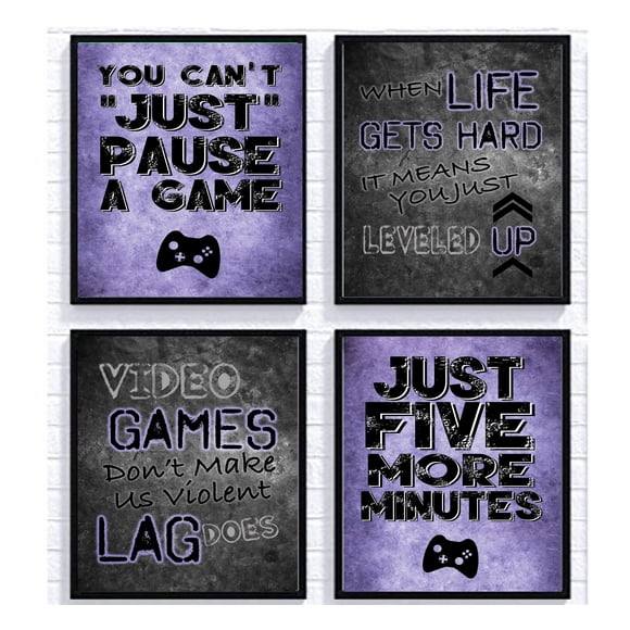 Silly Goose Gifts Video Game Themed Art Print Room Wall Decoration (Set or Four) Gamer (Purple)