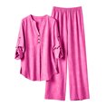 thumbnail image 2 of Cagogo Women Plus Size 2 Piece Set V Neck Long Sleeve Shirt Wide Leg Pants Casual Loose Outfits Solid Basic Matching Lounge Tracksuits Comfy Travel Airport Clothes, Hot Pink 3XL, 2 of 7