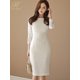 thumbnail image 4 of H Han Queen-vestido de tubo de retazos de encaje sólido para mujer, vestido ajustado Sexy, ropa de trabajo de muñeca OL, otoño, 4 of 5