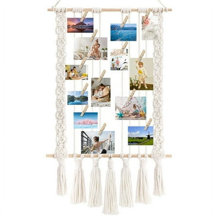 Hanging Photo Display with 30 Wood Clips Macrame Wall Picture Holder Collage Frame for Boho Decor
