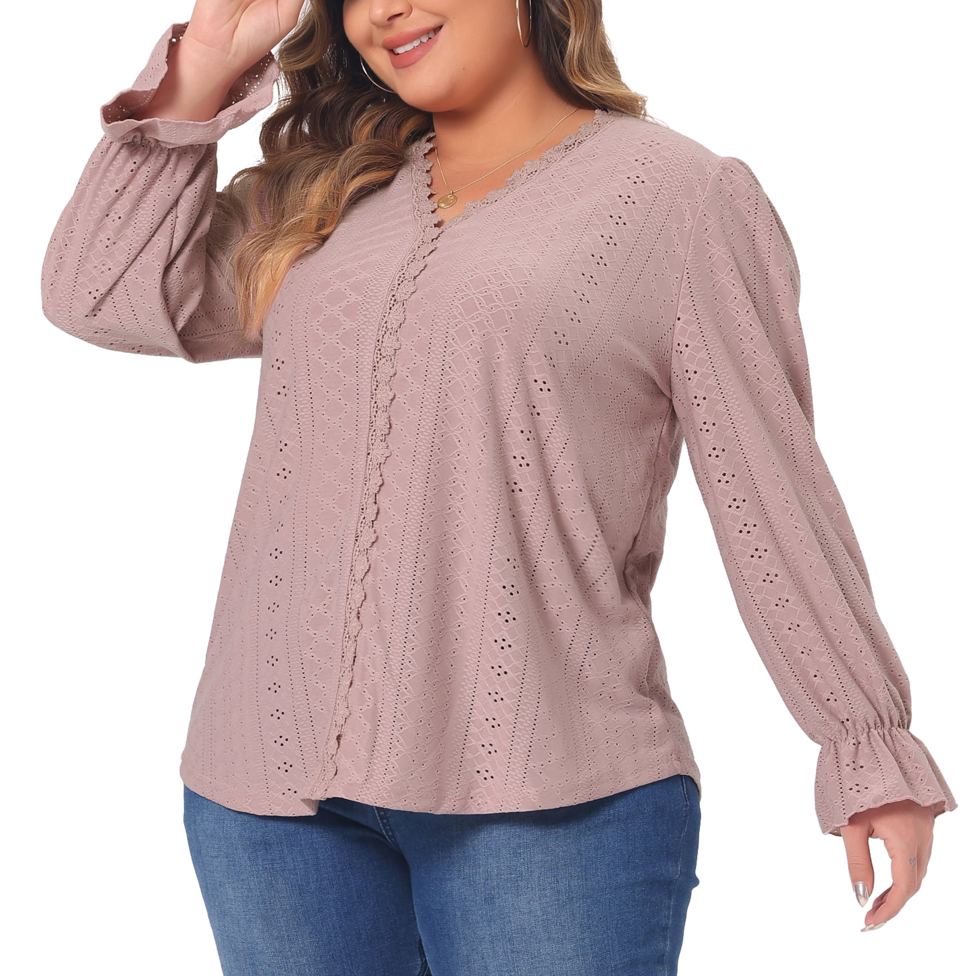DARING DIVA Women's Plus V Neck Ruffle Long Sleeve Lace Crochet Casual Blouse 3X Pink
